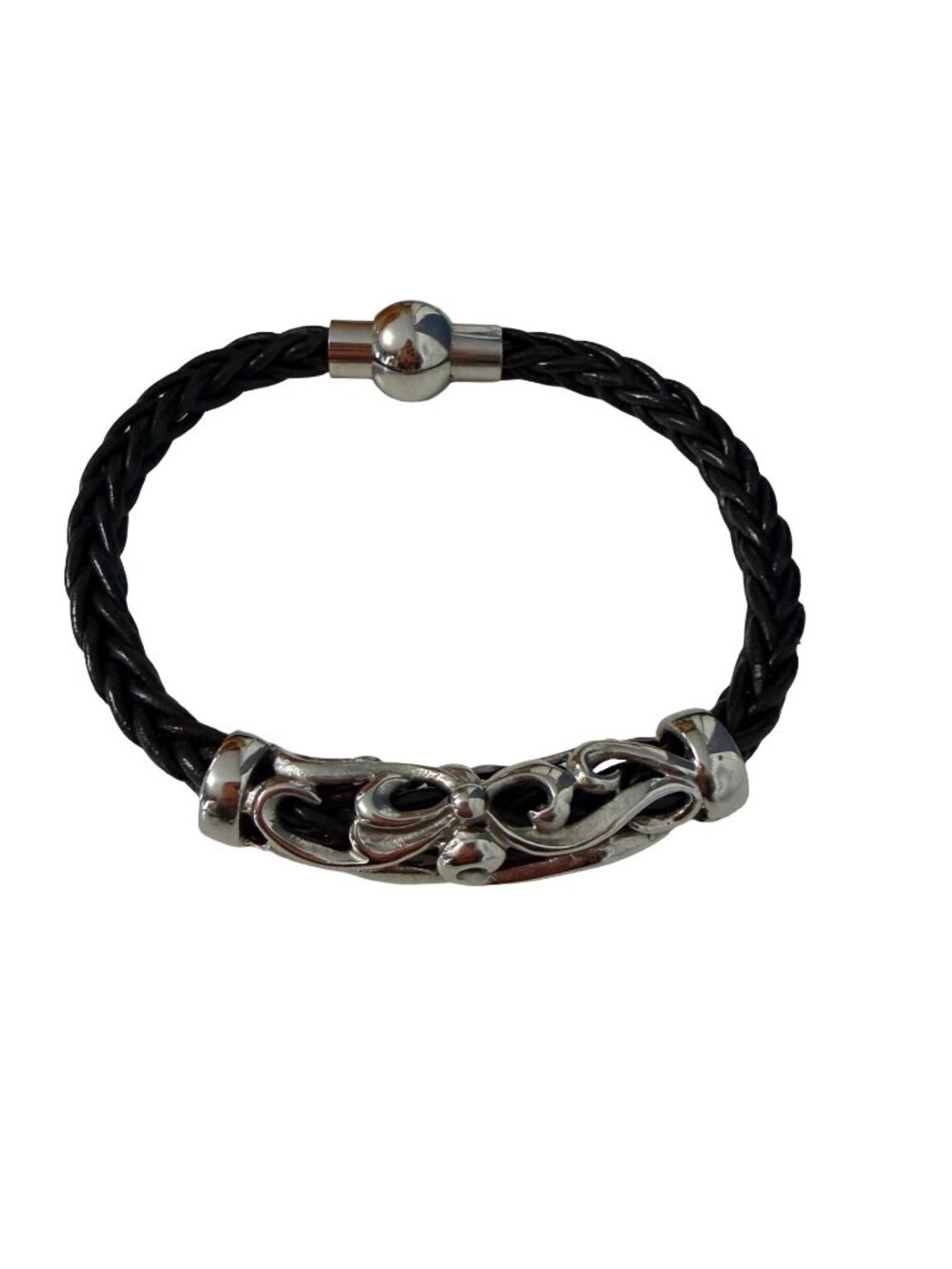 Vintage Black Braided Leather Magnetic Bracelet Silver Tone Scroll Accent 8”